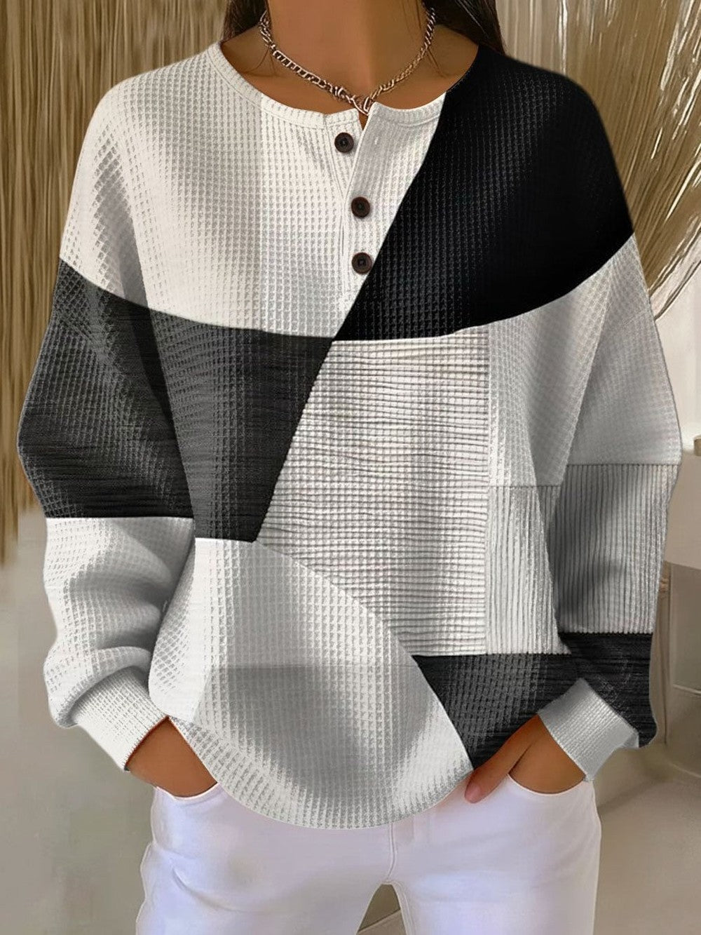 Women's Patchwork Henley Sweater with Waffle Knit - Zoe - Black and White