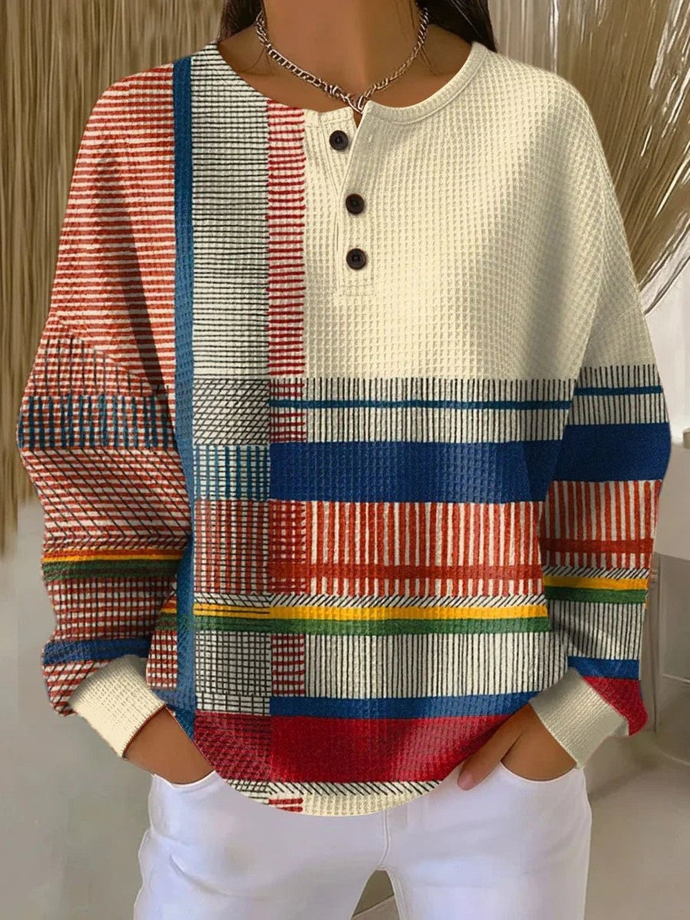 Women's Patchwork Henley Sweater with Waffle Knit - Zoe - Multicolor Stripe