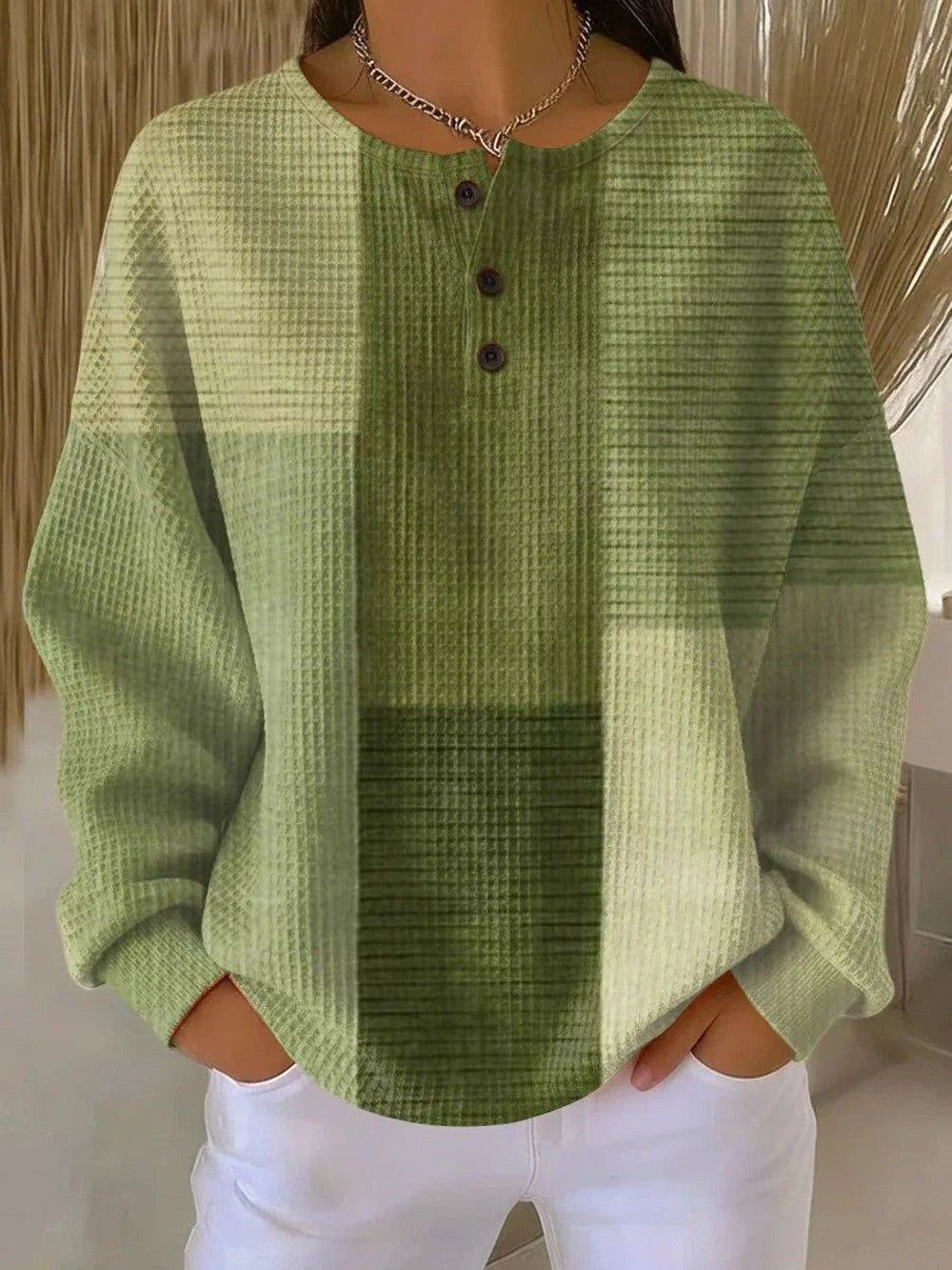 Women's Patchwork Henley Sweater with Waffle Knit - Zoe - Sage