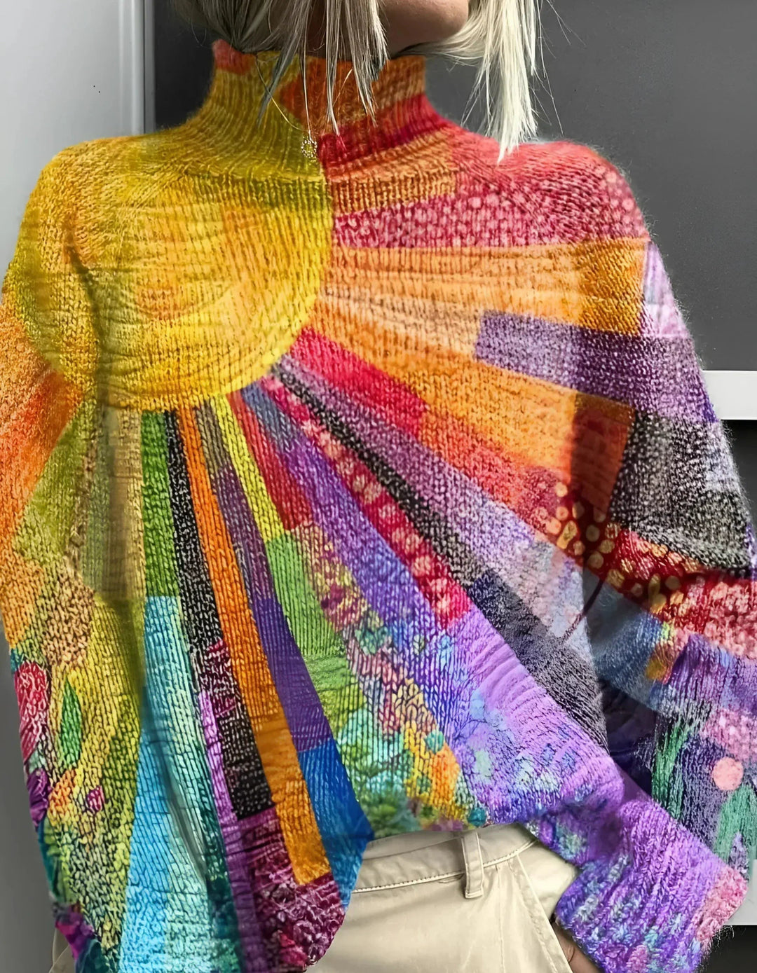 Women's Patchwork High Neck Sweater - Keira - Multicolor