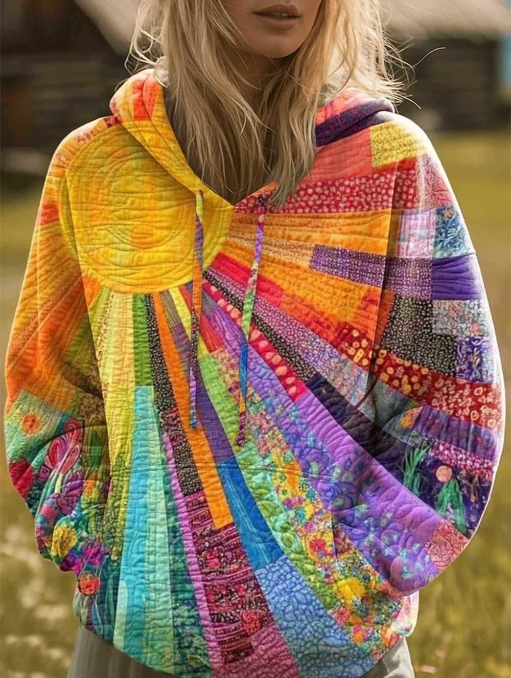 Women's Patchwork Hoodie with Sunburst Print - Wynn - Multicolor
