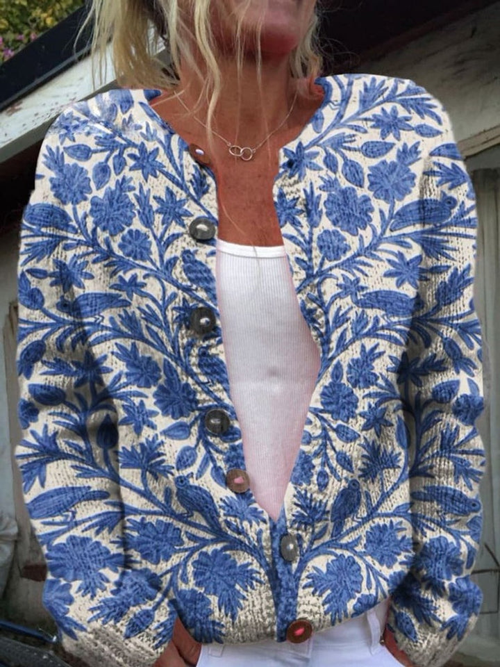 Women's Patterned Knit Button Cardigan - Nell - Blue Floral