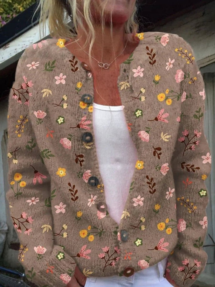 Women's Patterned Knit Button Cardigan - Nell - Brown Floral