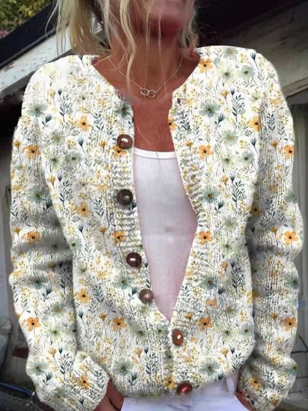 Women's Patterned Knit Button Cardigan - Nell - Cream Floral
