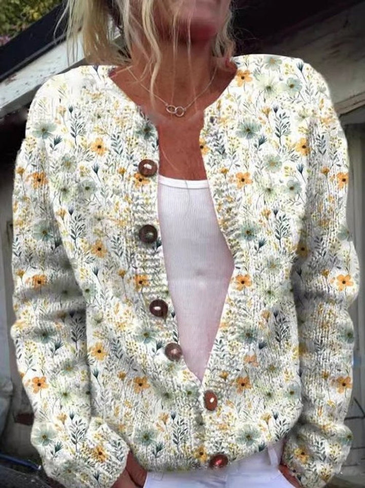 Women's Patterned Knit Button Cardigan - Nell - Cream Floral
