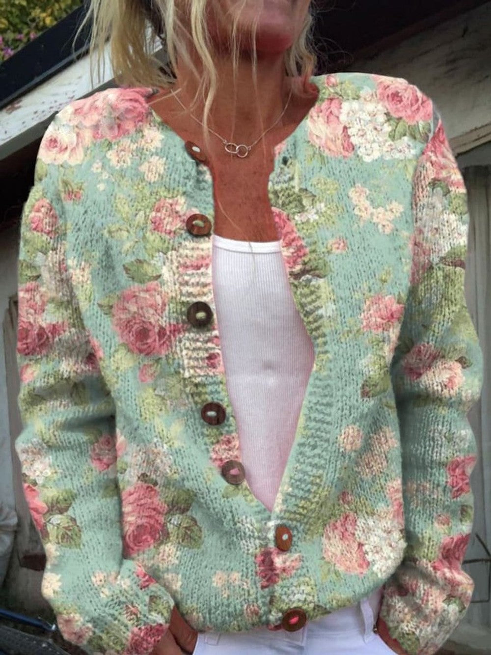 Women's Patterned Knit Button Cardigan - Nell - Mint Rose