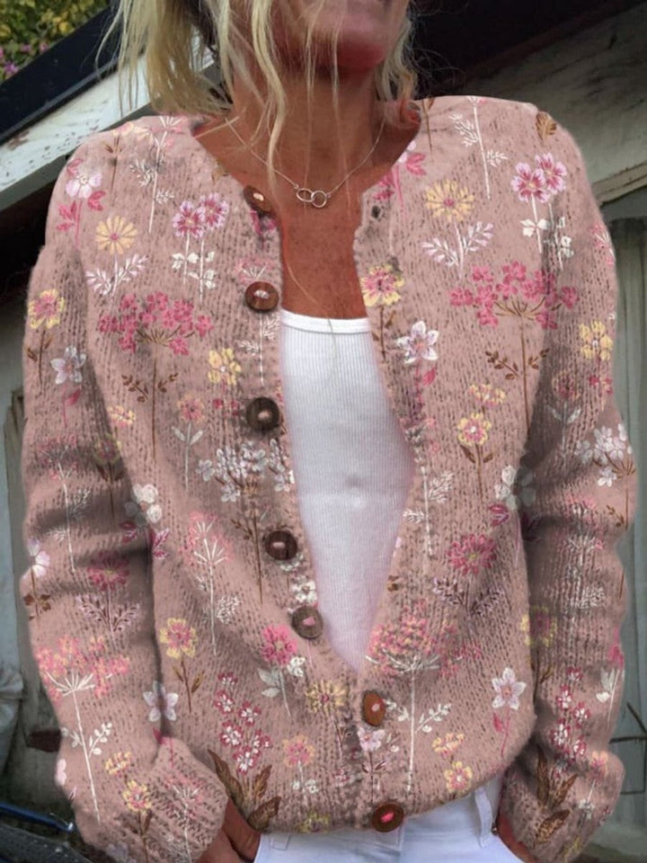 Women's Patterned Knit Button Cardigan - Nell - Pink Floral