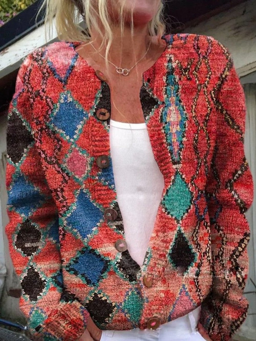 Women's Patterned Knit Button Cardigan - Nell - Red Argyle
