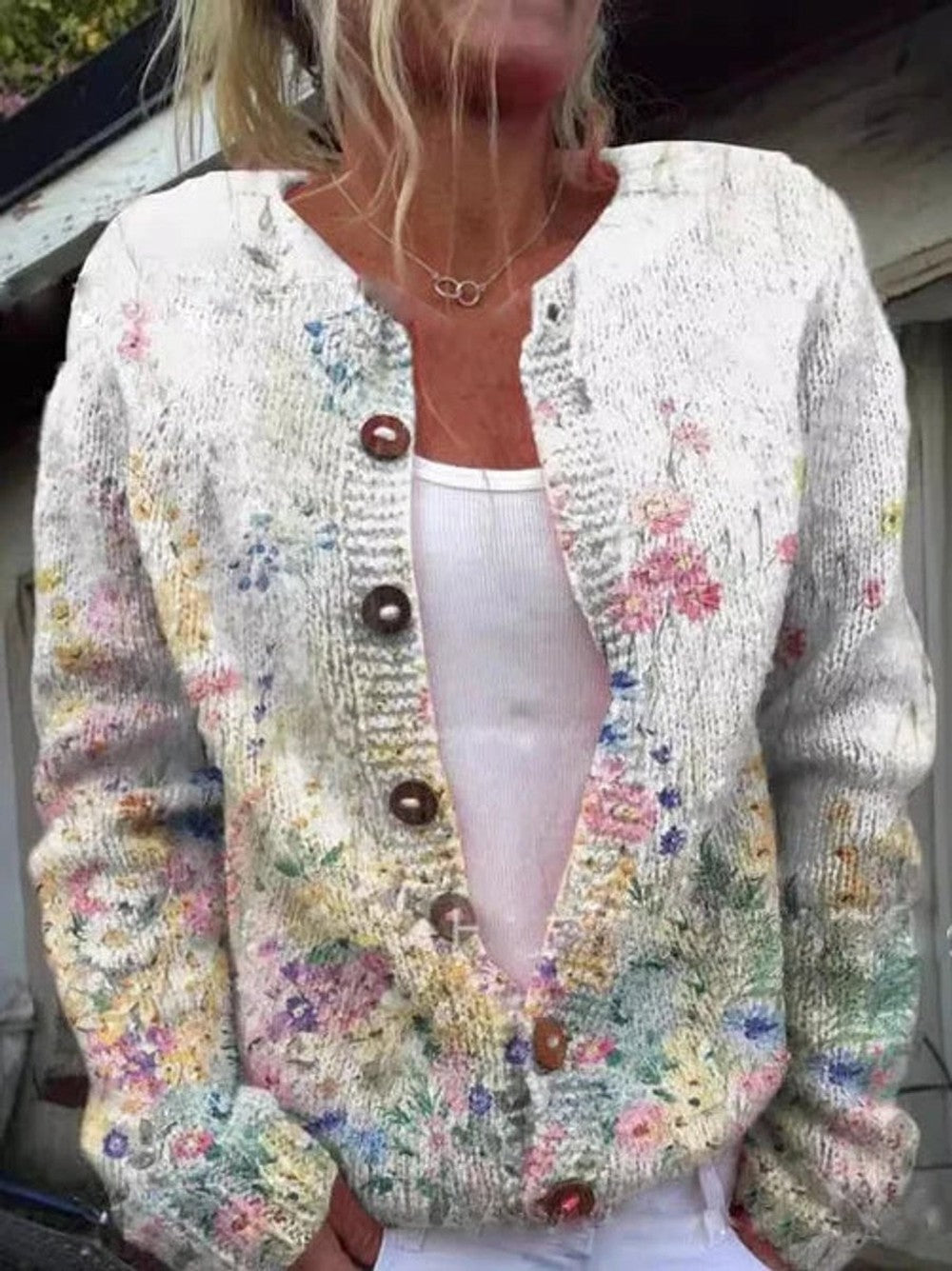 Women's Patterned Knit Button Cardigan - Nell - White Floral