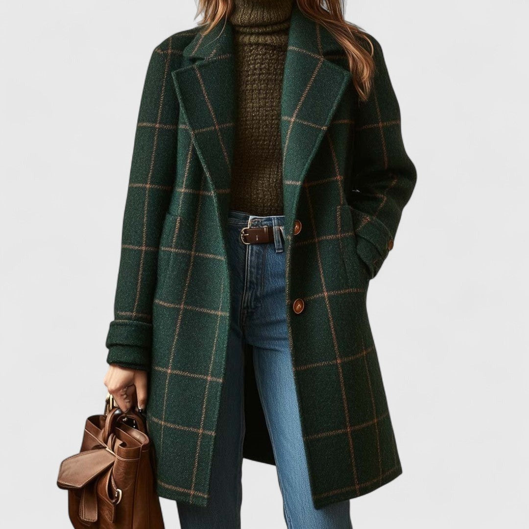 Women's Plaid Coat with Notch Lapels - Flora - Dark Green