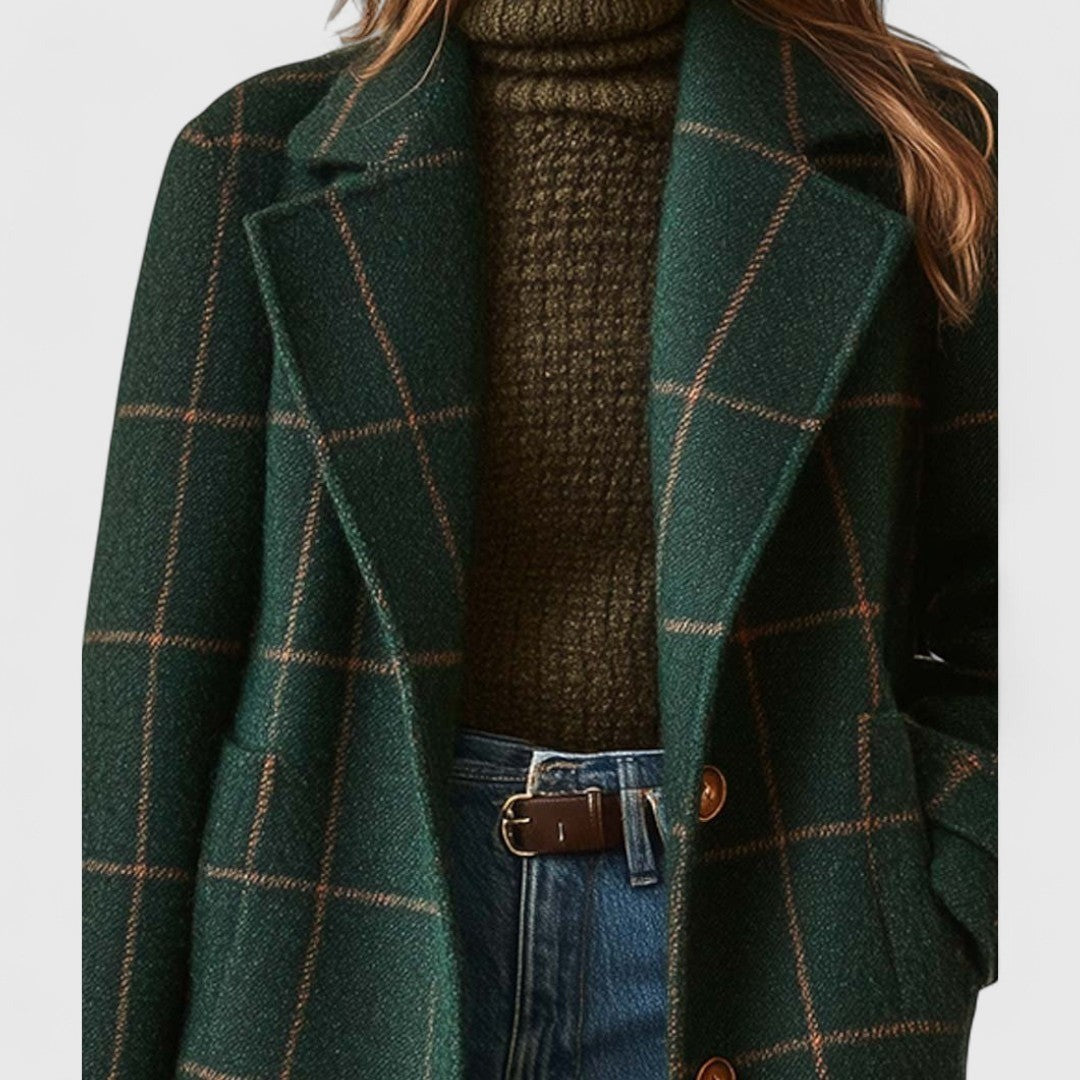 Women's Plaid Coat with Notch Lapels - Flora - Dark Green