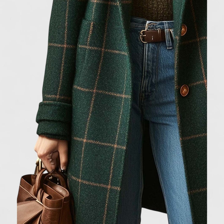 Women's Plaid Coat with Notch Lapels - Flora - Dark Green