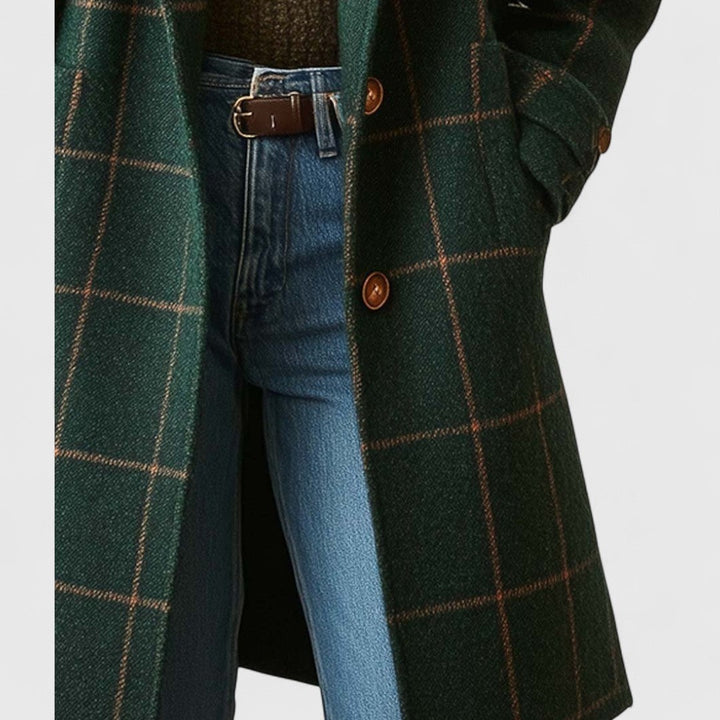 Women's Plaid Coat with Notch Lapels - Flora - Dark Green