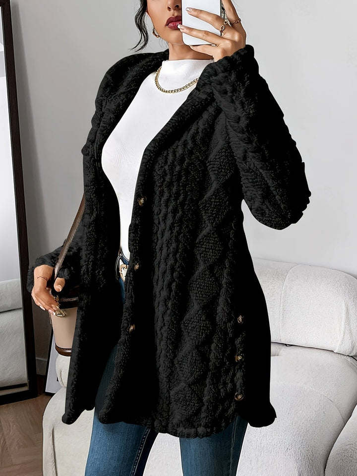 Women's Plush Hooded Cardigan with Button Front - Leona - Black