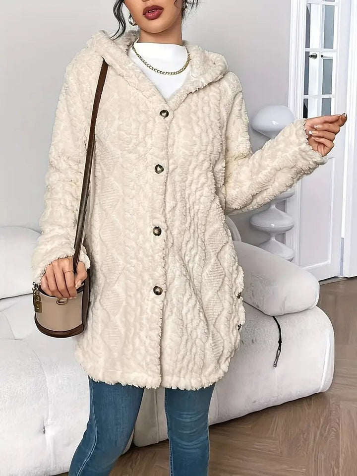 Women's Plush Hooded Cardigan with Button Front - Leona - Cream