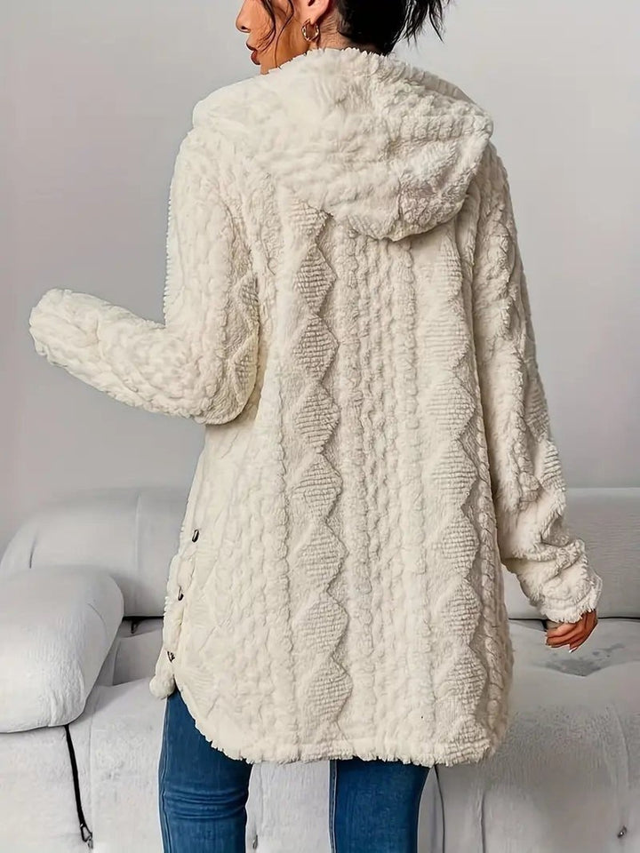 Women's Plush Hooded Cardigan with Button Front - Leona - Cream