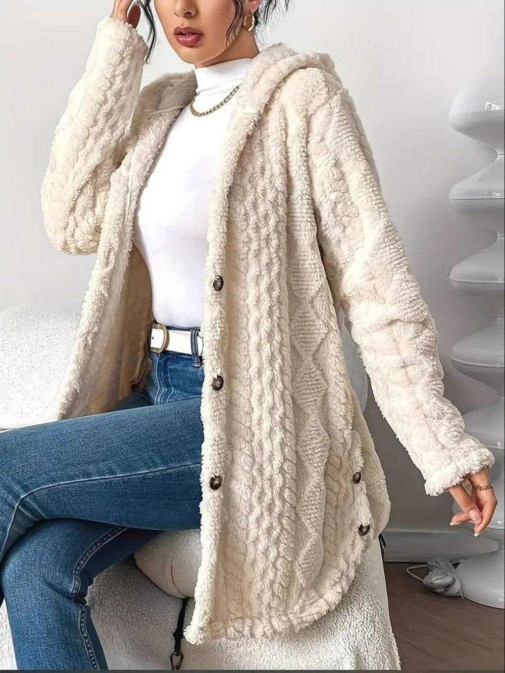 Women's Plush Hooded Cardigan with Button Front - Leona - Cream