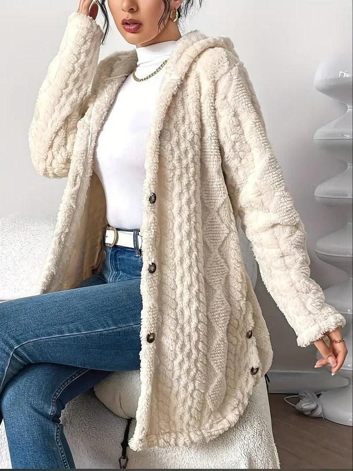 Women's Plush Hooded Cardigan with Button Front - Leona - Cream