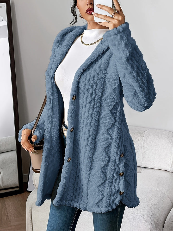 Women's Plush Hooded Cardigan with Button Front - Leona - Denim Blue
