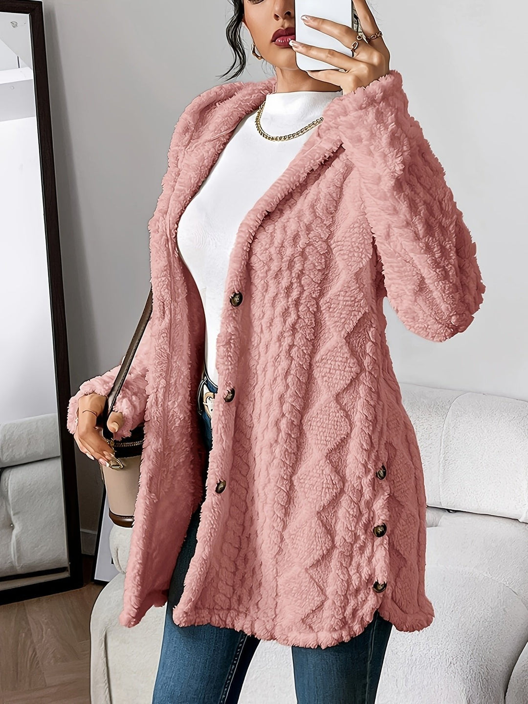 Women's Plush Hooded Cardigan with Button Front - Leona - Dusty Pink