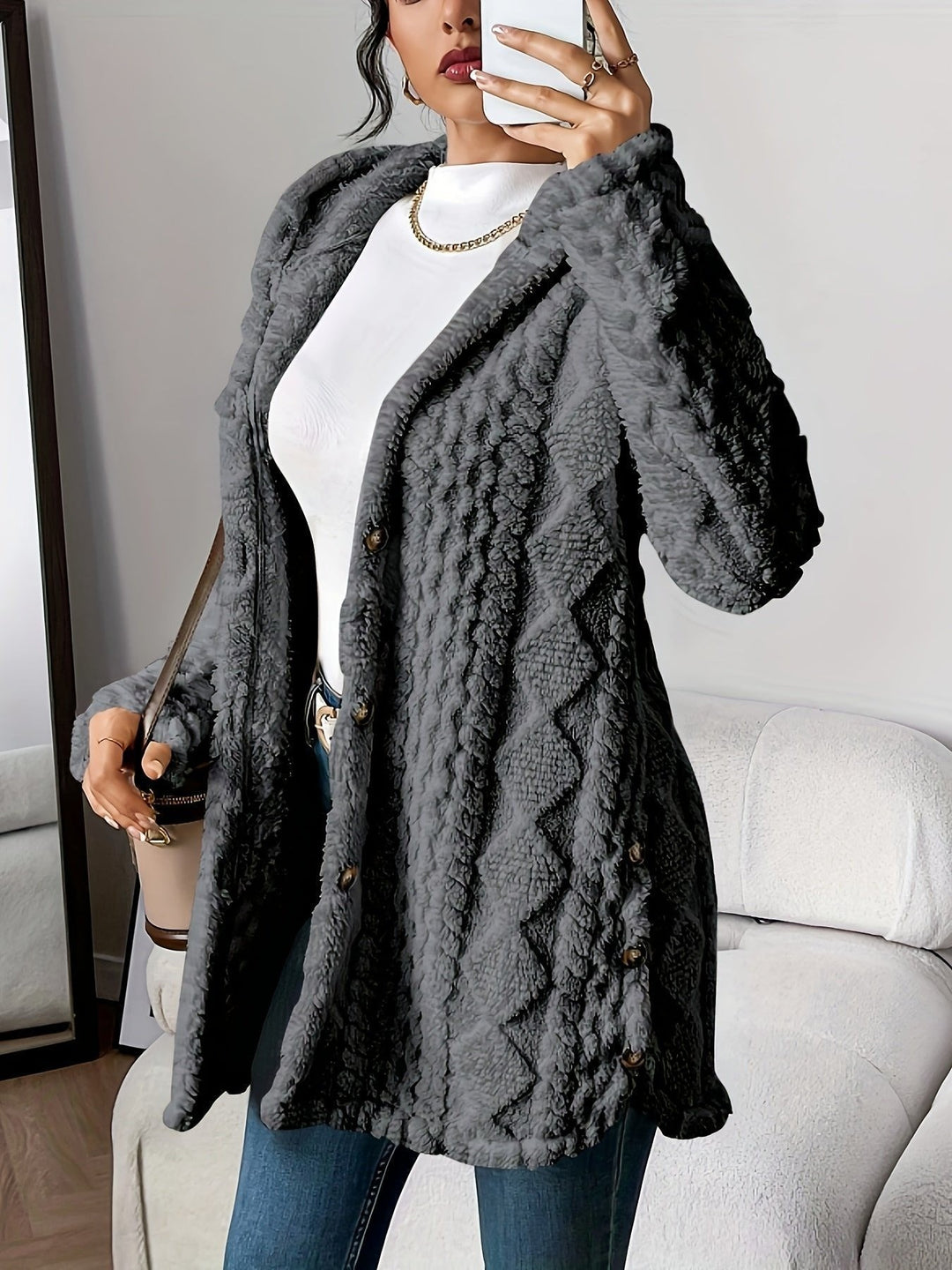 Women's Plush Hooded Cardigan with Button Front - Leona - Gray
