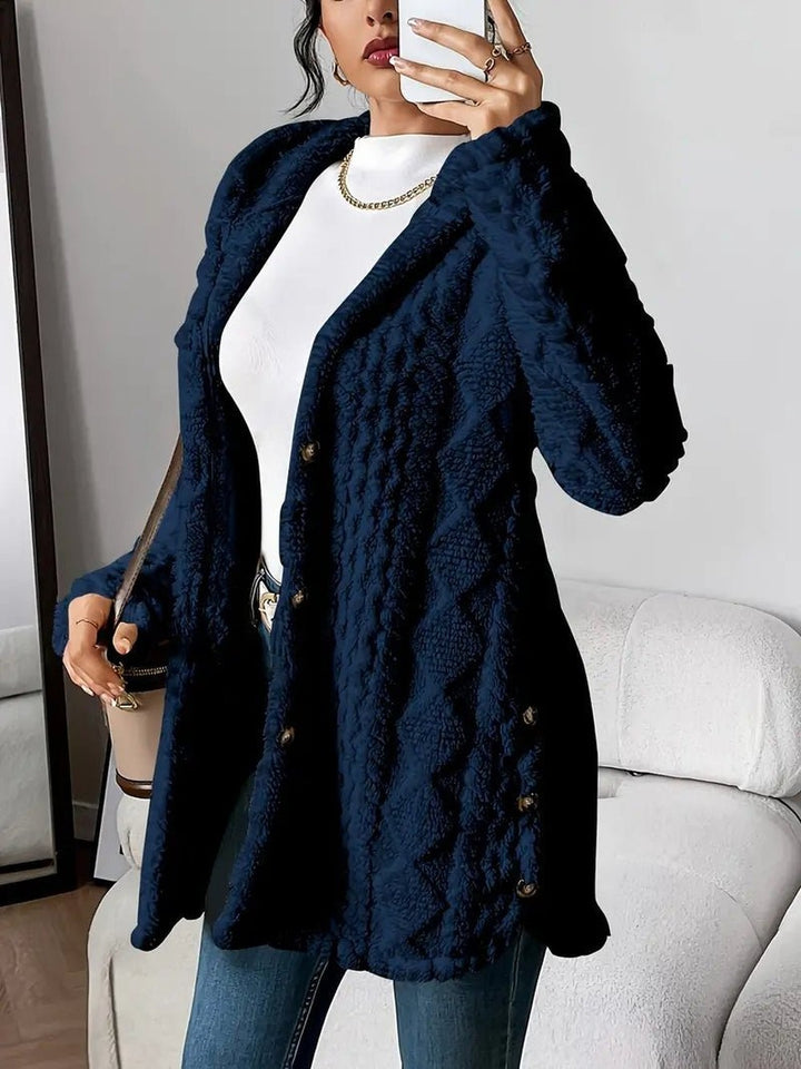 Women's Plush Hooded Cardigan with Button Front - Leona - Navy