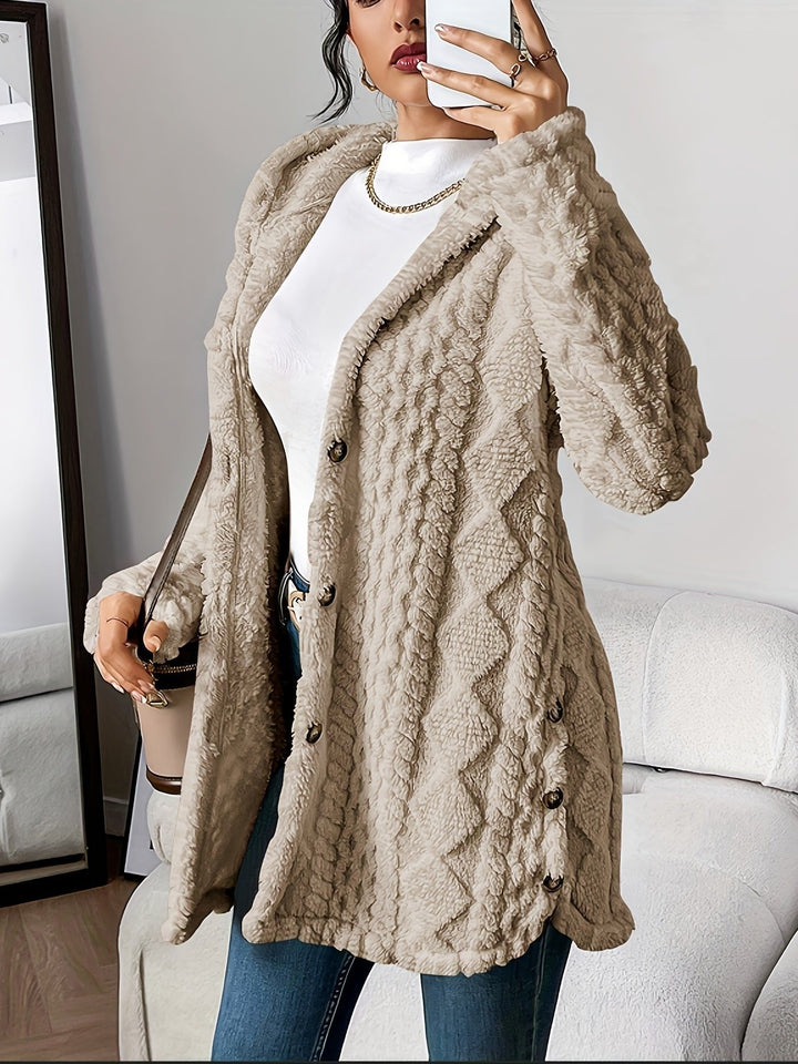 Women's Plush Hooded Cardigan with Button Front - Leona - Taupe