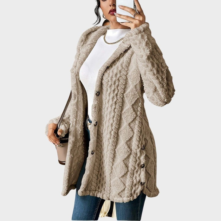 Women's Plush Hooded Cardigan with Button Front - Leona - Taupe