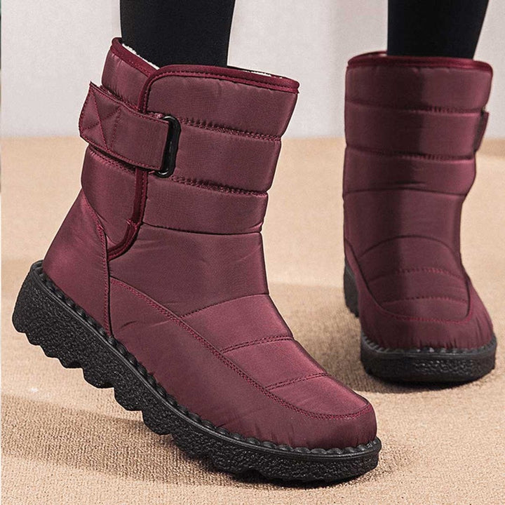 Women's Plush Lined Snow Boots with Strap - Ruby - Burgundy
