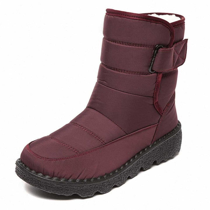 Women's Plush Lined Snow Boots with Strap - Ruby - Burgundy