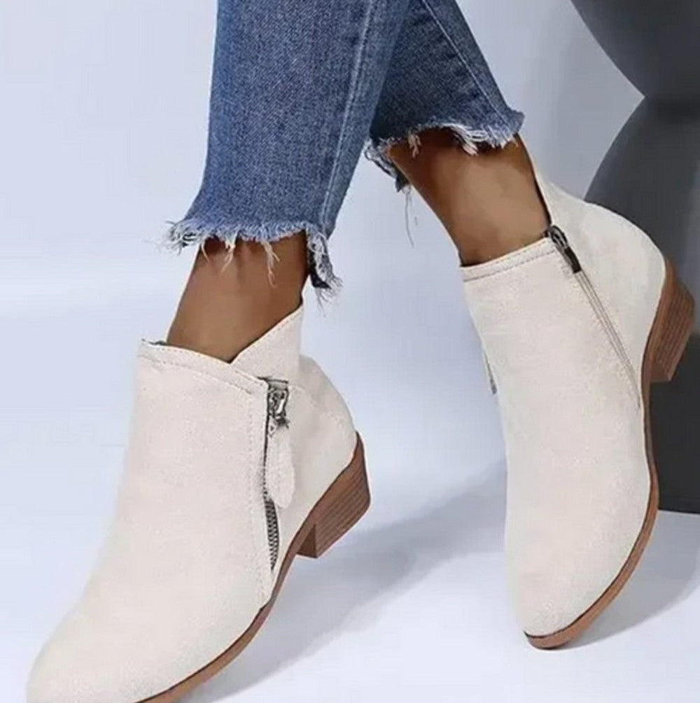 Women's Pointed Toe Ankle Boots with Block Heel - Harriet - Beige