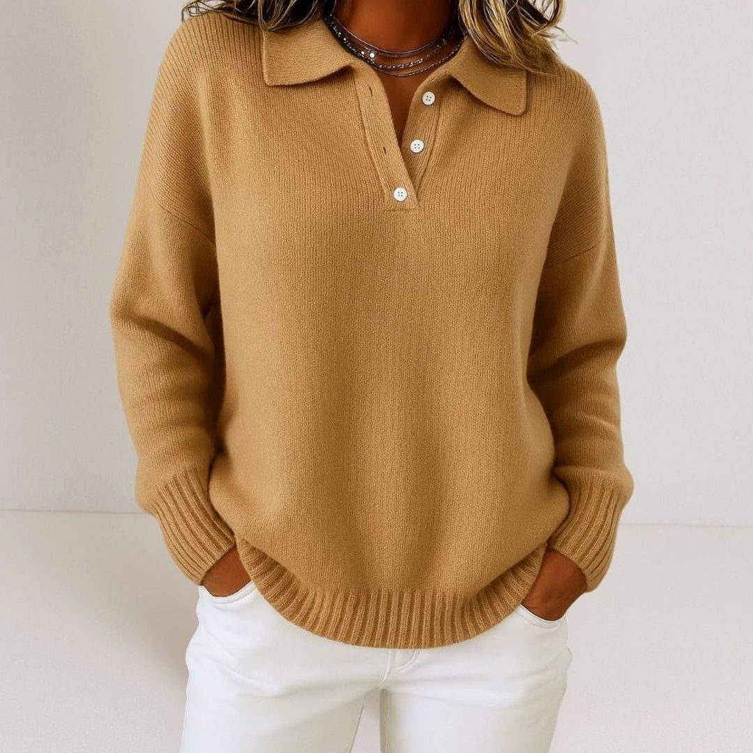Women's Polo Collar Sweater with Button Placket - Luna - Camel