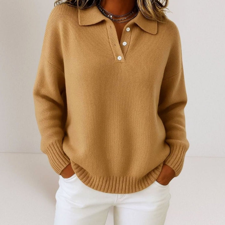 Women's Polo Collar Sweater with Button Placket - Luna - Camel