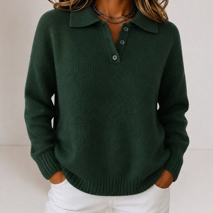 Women's Polo Collar Sweater with Button Placket - Luna - Forest Green
