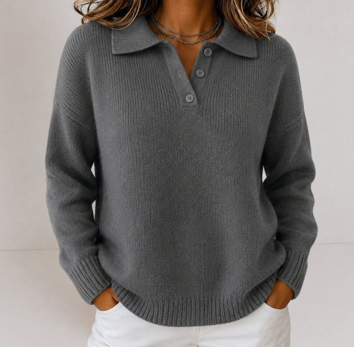 Women's Polo Collar Sweater with Button Placket - Luna - Gray