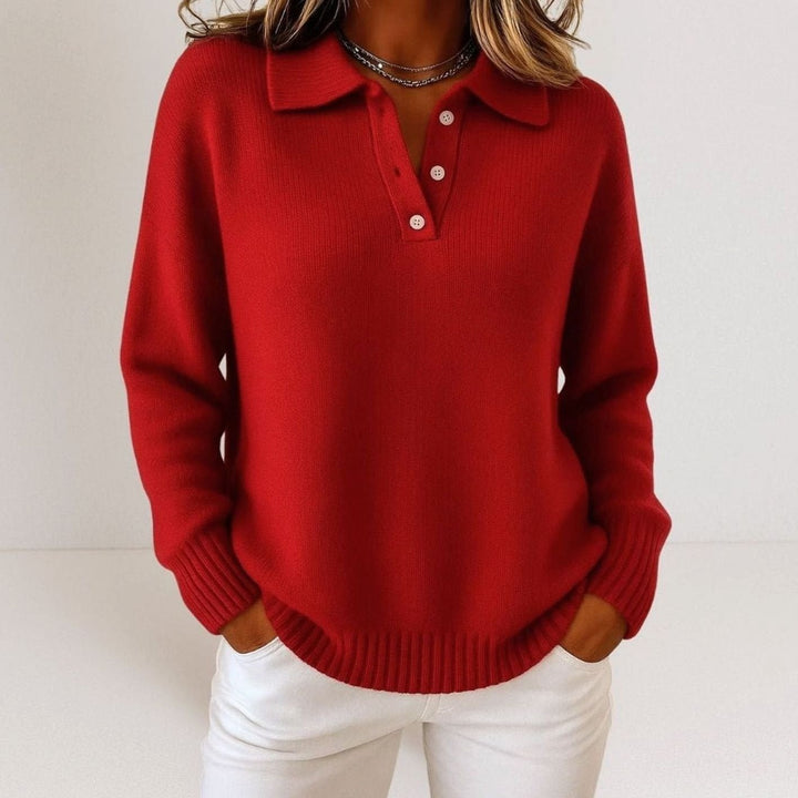 Women's Polo Collar Sweater with Button Placket - Luna - Red