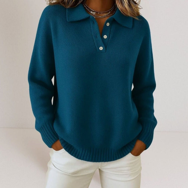 Women's Polo Collar Sweater with Button Placket - Luna - Teal