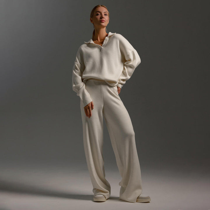 Women's Polo Sweater Set with Wide Leg Pants - Dina - Beige