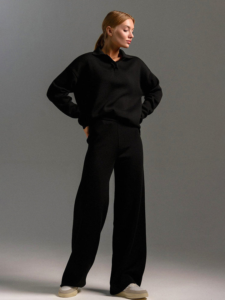 Women's Polo Sweater Set with Wide Leg Pants - Dina - Black