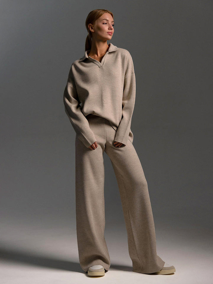 Women's Polo Sweater Set with Wide Leg Pants - Dina - Khaki