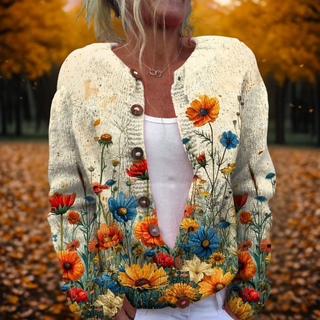 Women's Printed Button Cardigan with Wildflowers - Liv - Cream Wildflower