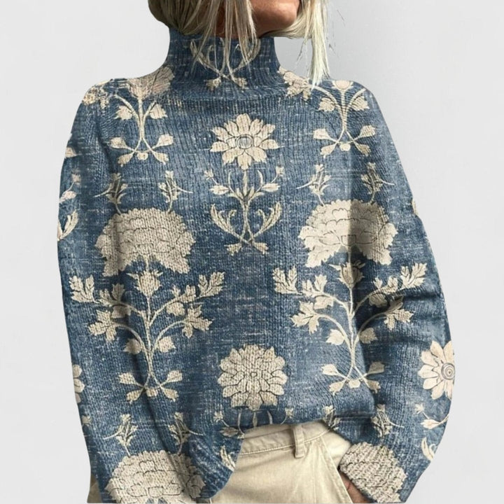 Women's Printed Turtleneck Sweater with Relaxed Fit - Bianca - Blue Floral