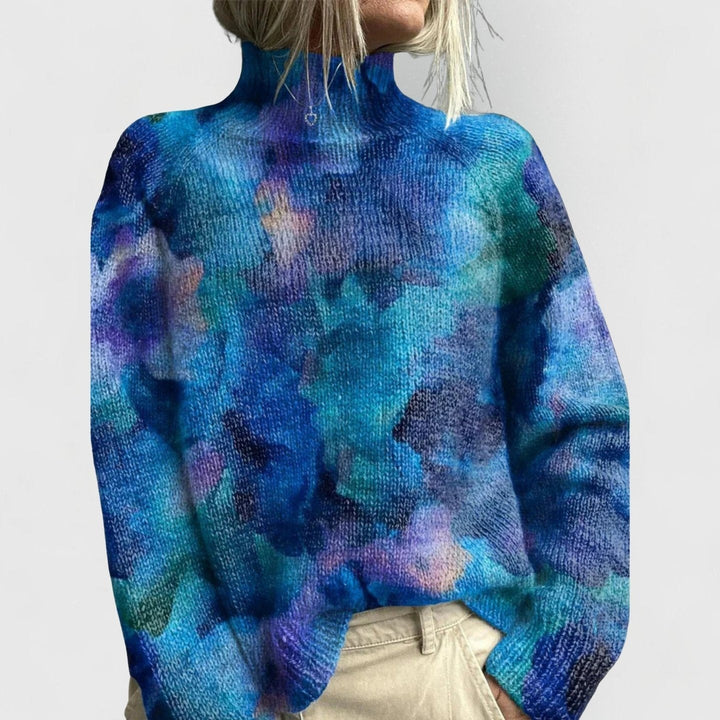 Women's Printed Turtleneck Sweater with Relaxed Fit - Bianca - Blue Watercolor