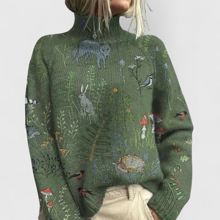 Women's Printed Turtleneck Sweater with Relaxed Fit - Bianca - Green Woodland