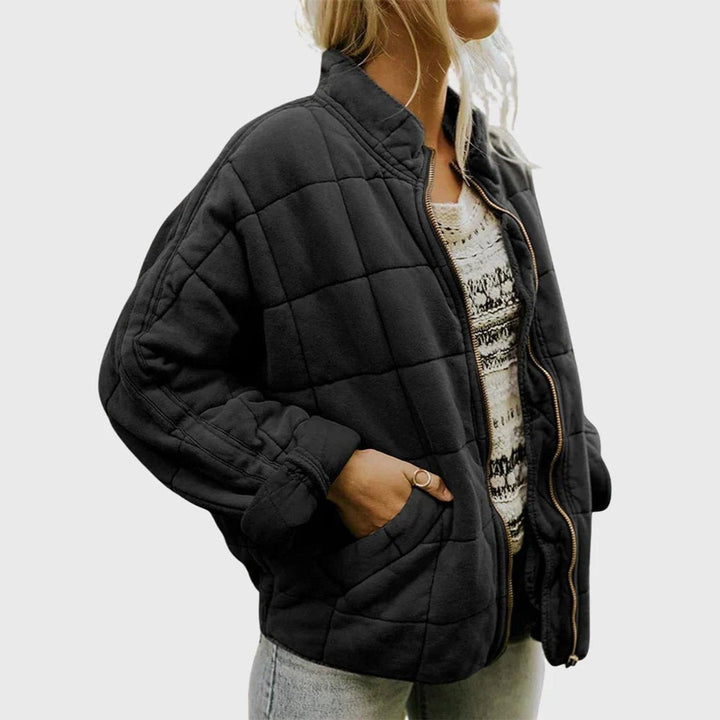 Women's Relaxed Fit Quilted Jacket with Stand Collar - Talia - Black