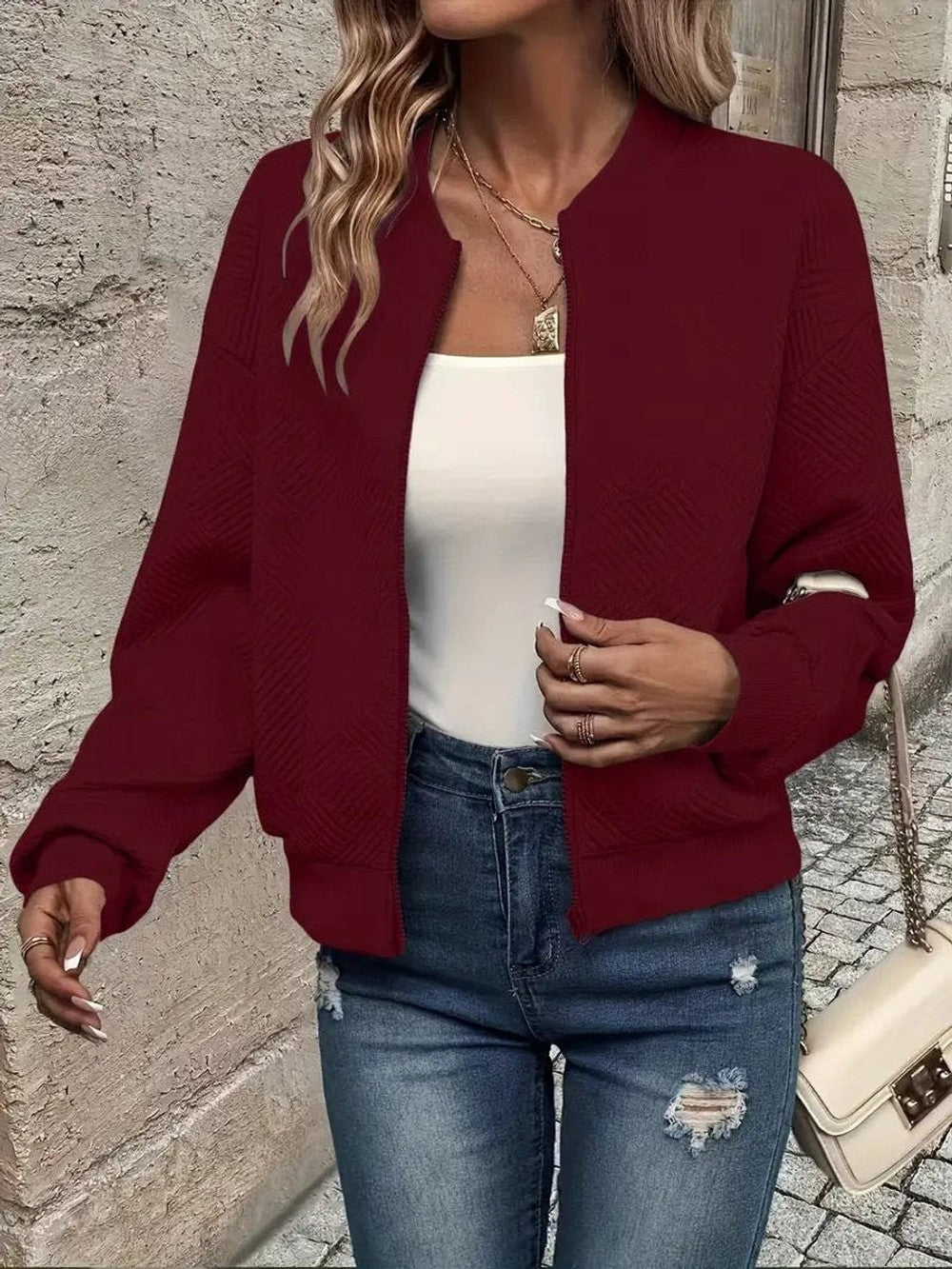 Women's Cropped Quilted Bomber Jacket - Vera - Burgundy