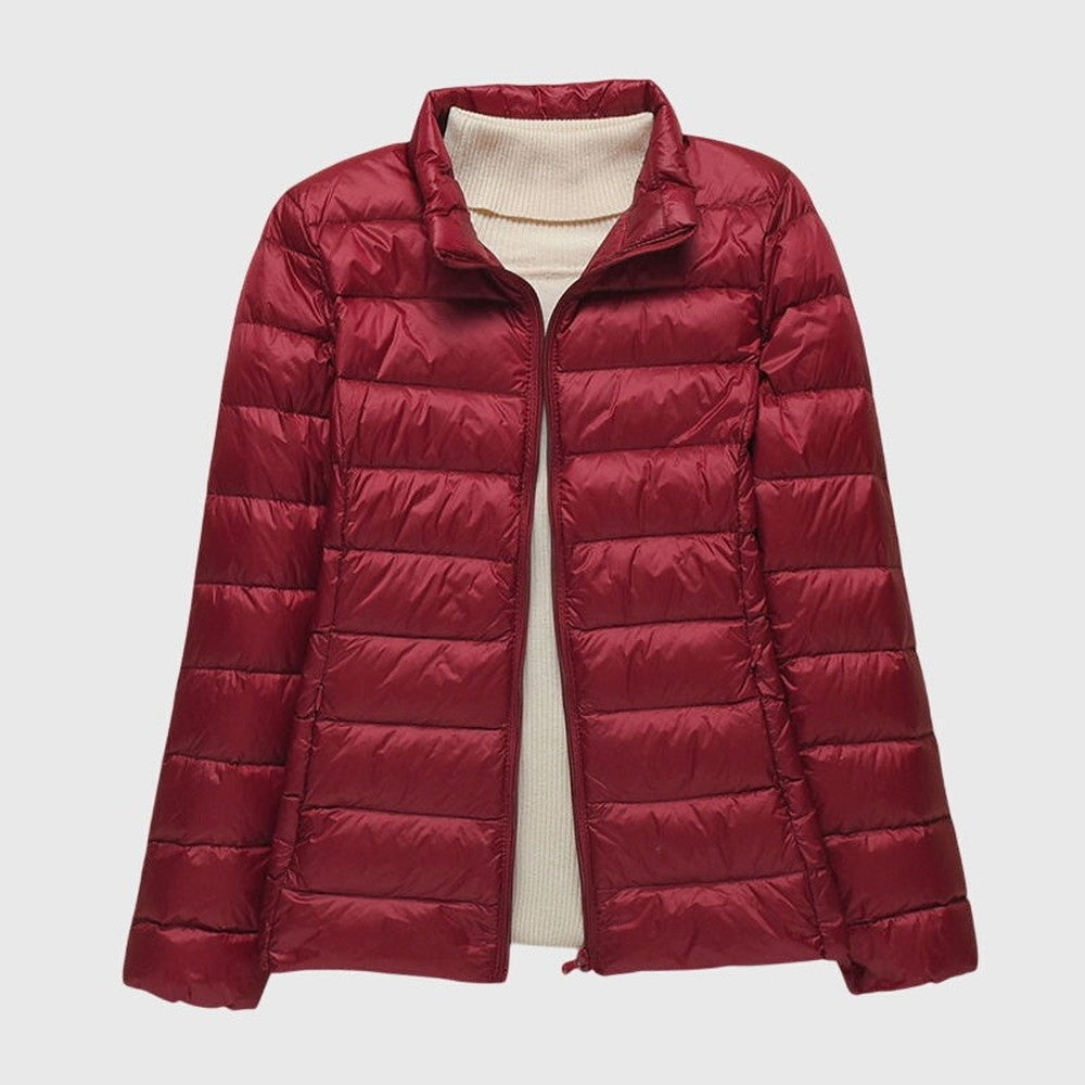 Women's Lightweight Padded Quilted Jacket - Ingrid - Burgundy Stand Collar