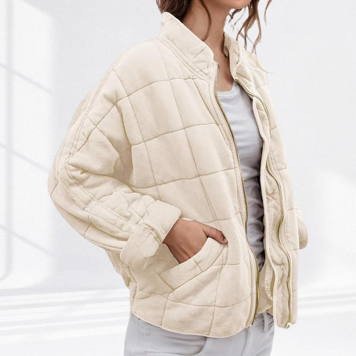 Women's Relaxed Fit Quilted Jacket with Stand Collar - Talia - Cream