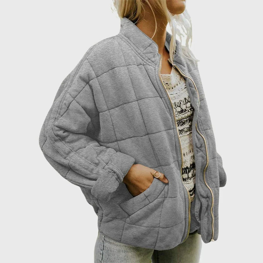 Women's Relaxed Fit Quilted Jacket with Stand Collar - Talia - Gray