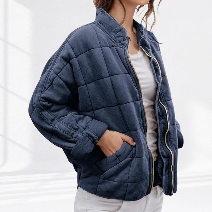 Women's Relaxed Fit Quilted Jacket with Stand Collar - Talia - Navy